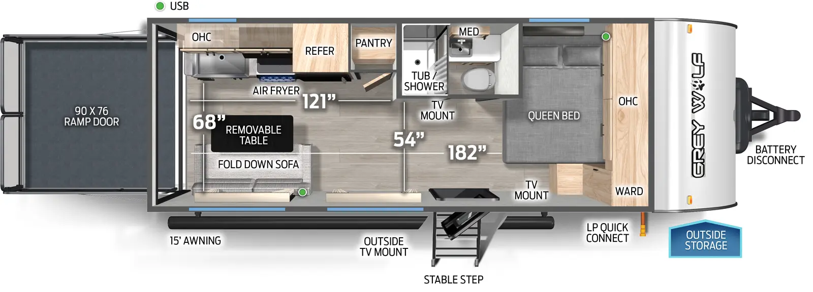 The Cherokee Black Label 18RRBL floorplan is a toy hauler that has one entry and zero slide outs. Exterior features include: fiberglass exterior and 15' awning. Interiors features include: front bedroom.